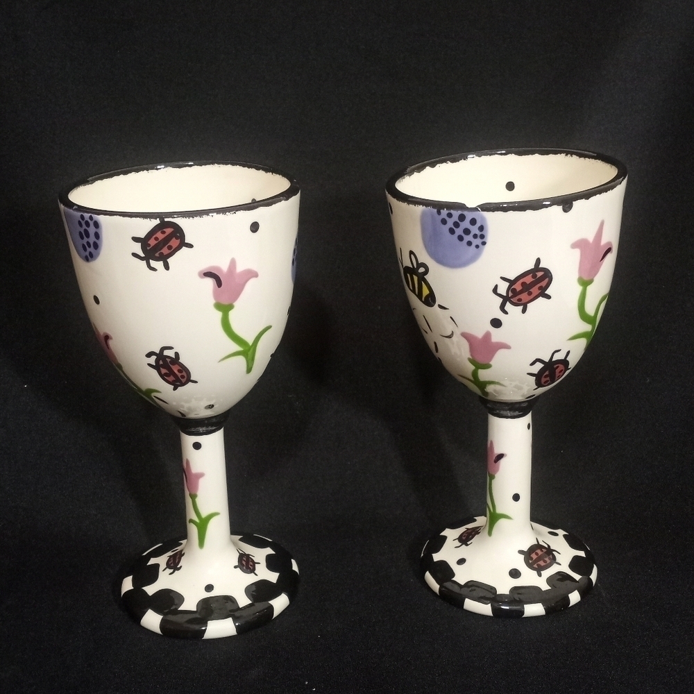 Two Hand Painted Goblets by Bette Abrams Made in the USA - Picture 2 of 13